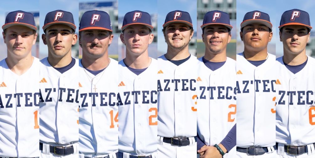 Seven Aztec Baseball players were selected to the All-ACCAC and All-Region teams while freshman Cooper Kruk and sophomores Leon Cereceres and Ramon Martinez were named to the ACCAC Division II Gold Glove Team. (Left to Right): Cooper Kruk, Adriel Figueroa-Brito, Mike Jones, Jesse Neretlis, Jackson Glueck, Leon Cereceres, Damian Lorta and Ramon Martinez. Photos by Stephanie van Latum and Danielle Main.