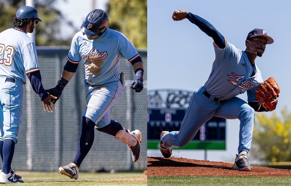 Sophomore Jackson Glueck went 2-for-3 with four RBIs, a run and a home run while sophomore Quintin Hennesy pitched six innings, giving up two runs (none earned) on three hits with four strikeouts and three walks for his first win of the season in Pima's 10-5 win over No. 10 ranked Madison College. The Aztecs are 19-16 overall. They play GateWay Community College on Saturday at Aztec Field. Photos by Gilbert Alcaraz