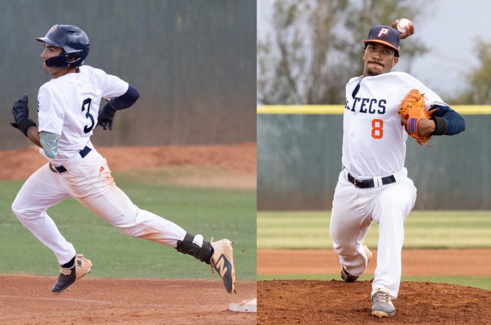 Freshman Adriel Figueroa-Brito finished 4-7 with two RBIs and a run scored while sophomore Quintin Hennesy picked up the win in the second game after pitching six innings, giving up two runs (two earned) on five hits with four strikeouts and two walks as Aztecs Baseball split with Glendale CC falling 5-3 and winning 6-2. The Aztecs are 22-21 overall and 14-16 in ACCAC conference play. Photos by Stephanie van Latum