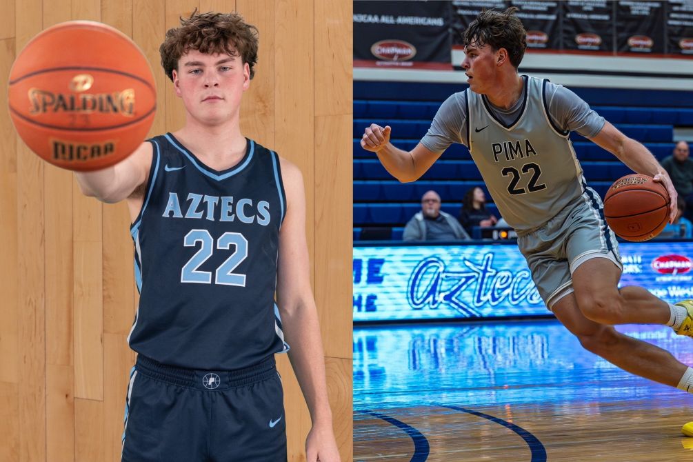 Sophomore forward Mason Hunt (Bradshaw Mountain HS) earned his third nod as ACCAC Division II Player of the Week as he averaged 20.5 points, 6.0 rebounds, 1.0 assist and 1.0 steal in Pima's win for the week of Feb. 1-7. Photos by Stephanie van Latum and Gilbert Alcaraz
