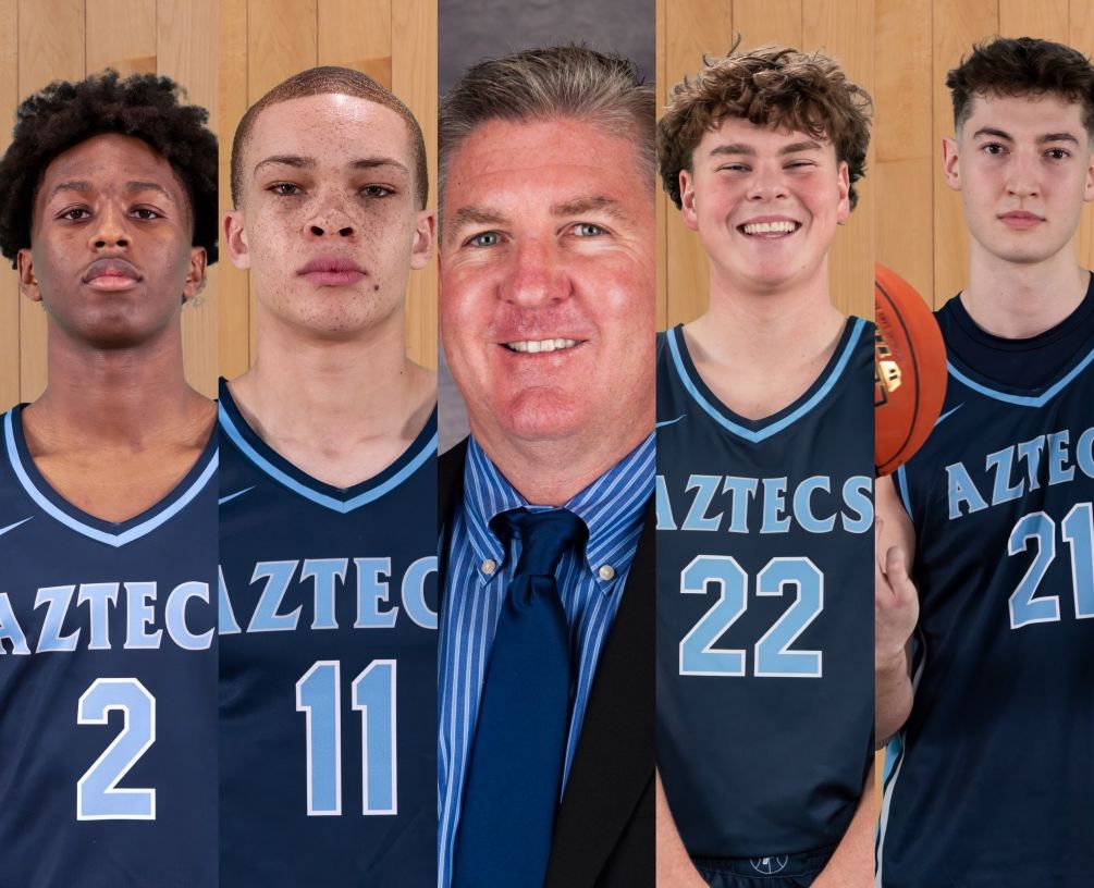 The Aztecs Men's Basketball team claimed the top awards in the ACCAC Conference Division II as freshman Isaiah Hill was named Player and Freshman of the Year. Sophomore Isaac Johnson was named Defensive Player of the Year and Brian Peabody earned Coach of the Year. Sophomore Mason Hunt became a two-time All-ACCAC Conference play and Brock Mendoza earned Honorable Mention. Photos by Stephanie van Latum and Peter Bernal