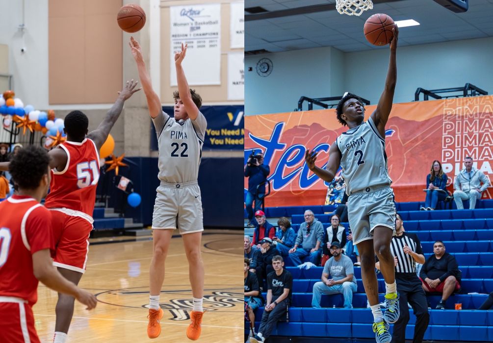Sophomore Mason Hunt (Bradshaw Mountain HS) scored a team-high 20 points as he finished 5-for-7 from beyond the arc while freshman Isaiah Hill (Premier Prep Academy) fell short of a triple-double with 17 points, nine assists and seven steals as the No. 4 ranked Aztecs Men's Basketball team completed their second straight unbeaten regular season after topping Mesa Community College 104-66. The Aztecs are 30-0 overall and finish 18-0 in ACCAC conference play. They will be the No. 1 seed for the Region I, Division II Tournament and will host a semifinal game on Thursday, Mar. 6. Photos by Stephanie van Latum and Gilbert Alcaraz