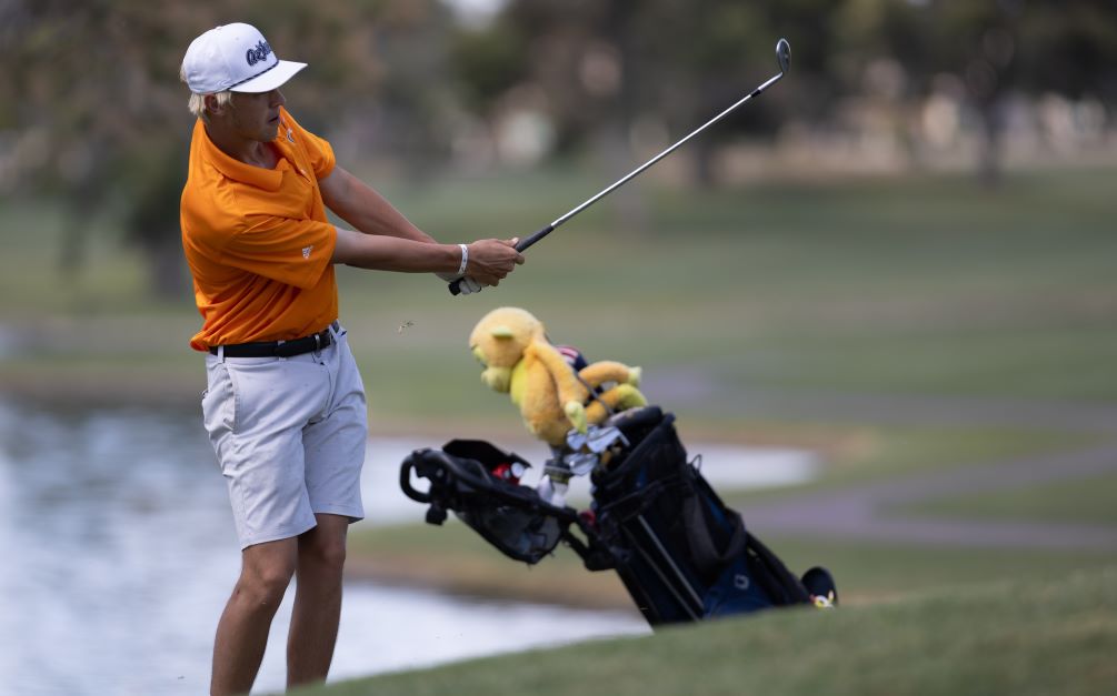Freshman Caysen Wright was selected first team All-ACCAC and first team All-Region I. He shot a season-best round of 65 and averaged 72.4 per round. He took first place in one tournament and earned medalist honors in three of the five tournaments he competed in. Photo by Stephanie van Latum