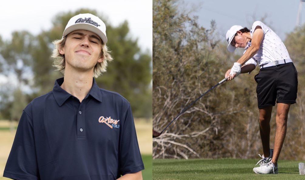 Freshman Caysen Wright earned his third medal in five tournaments as he tied for fifth place with a 2-under 142 (71-71). Freshman Gabe Herbst shot 3-under par 69 in the final round as he placed 17th with a score of 147 (78-69). The Aztecs took fifth place at the SMCC Invitational. Photos by Stephanie van Latum
