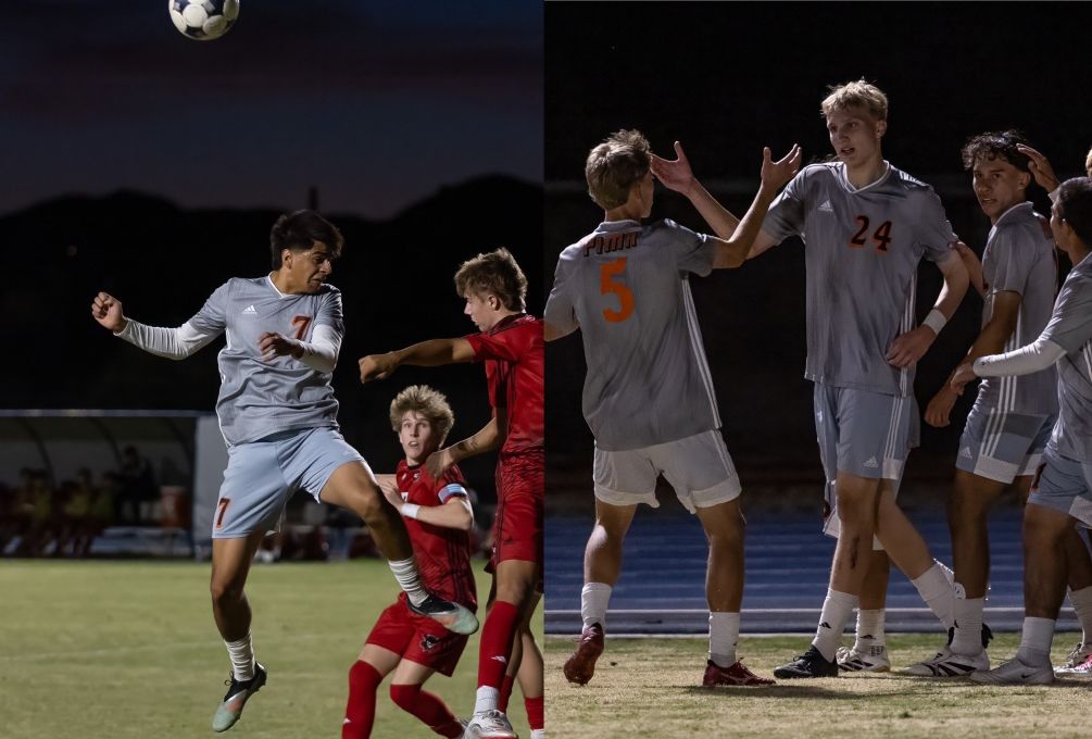 Freshman Leonel Gutierrez (Salpointe Catholic HS) scored two goals and had one assist while sophomore Joost Hermeling celebrates after his goal as the No. 2 seeded Aztecs Men's Soccer team beat No. 3 Glendale Community college 3-1 in the Region I, Division II Semifinals. The Aztecs will play at No. 1 Phoenix College in the Finals on Wednesday at 6:00 p.m. Photos by Stephanie van Latum