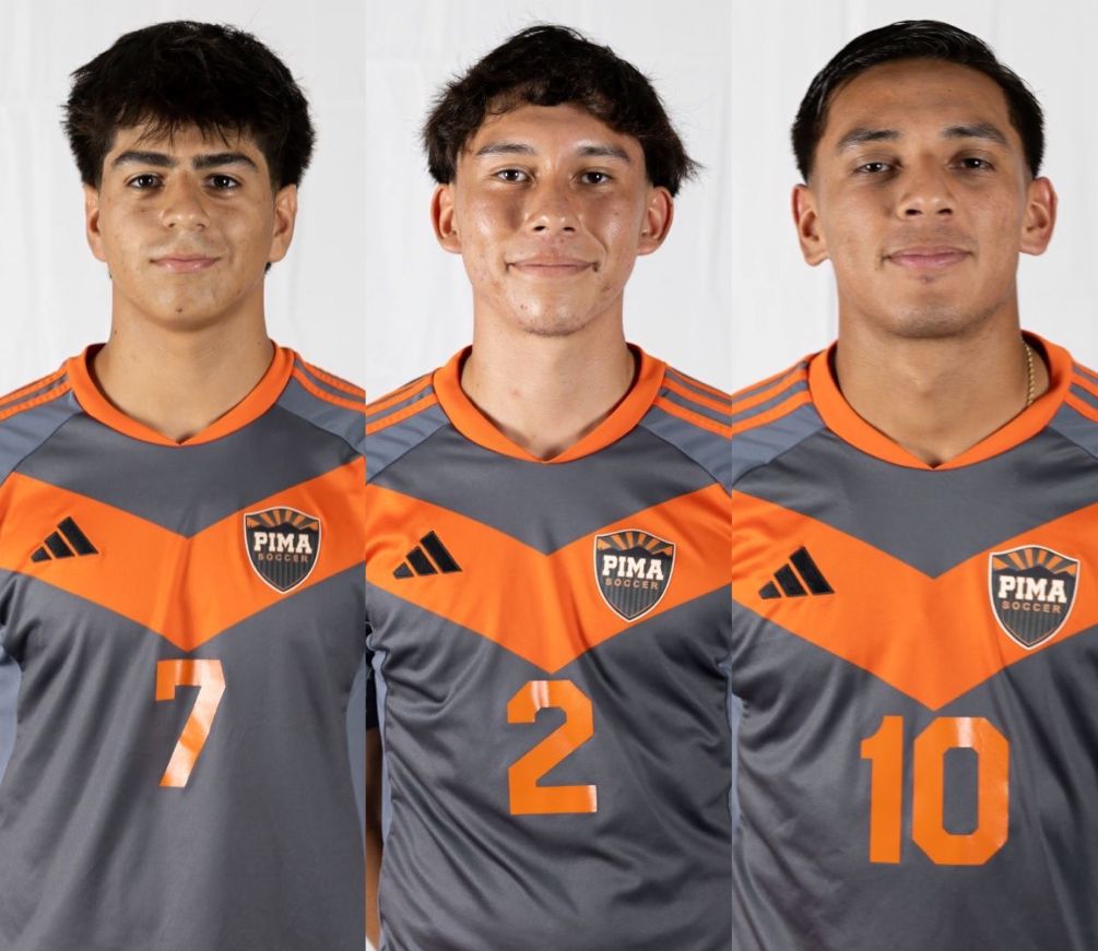 Freshman forward Leonel Gutierrez (Salpointe Catholic HS) and sophomore defender Eythan Mancilla (Sunnyside HS) were named First Team NJCAA Division II All-Americans while sophomore midfielder Robert Castaneda (Nogales HS) was selected Second Team NJCAA Division II All-American. The men's soccer program has produced 25 NJCAA All-Americans in the last 19 years. Photos by Stephanie van Latum