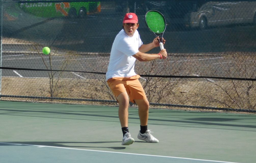 Landon Strickland earned victories in singles and doubles play but the Aztecs men's tennis team dropped their opening match 5-4 to Mesa Community College. Strickland and Emanuel Robles-Serrano won at No. 3 doubles 8-5. Strickland picked up a win at No. 5 singles 6-1, 6-2. Photo by Raymond Suarez