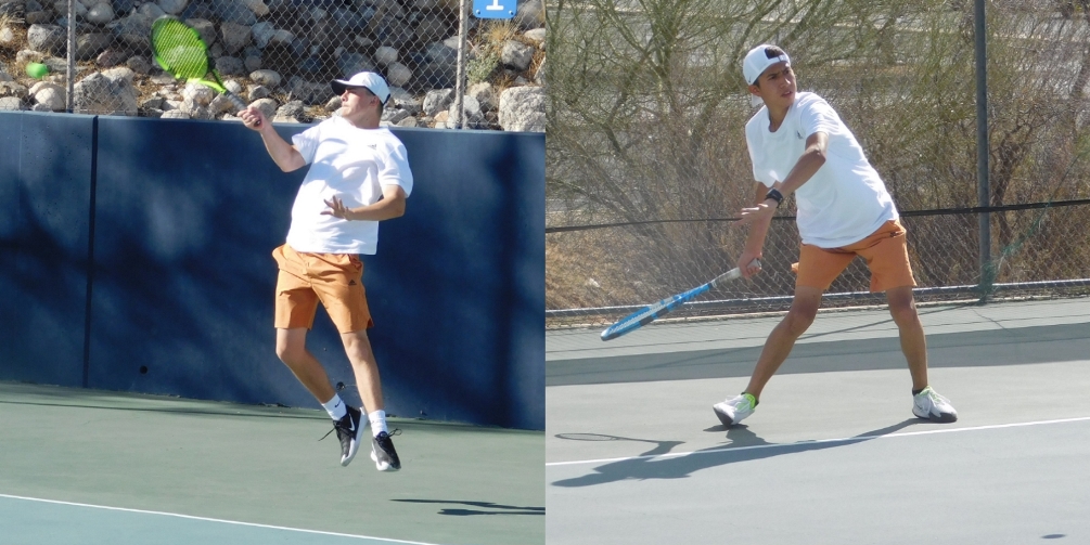 Aztecs men's tennis players Anton Nazaroff (Catalina Foothills HS) and Emanuel Robles-Serrano (Desert View HS) advanced in their respected singles flights to the Consolation Bracket Semifinals. Nazaroff beat Cameron Garrett from Meridian CC 8-2 in No. 2 singles play while Robles-Serrano downed Christian Earth from Kaskaskia College 8-3 at No. 6 singles. Photos by Raymond Suarez