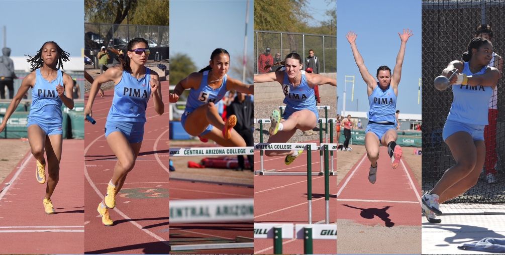 The Aztecs Women's Track & Field claimed the ACCAC Conference Team Championship while six athletes won inidividual titles: Kymia Bridgett (Triple Jump), Sofia Cambridge (1,500 meters), Tyra Christean (400-meter hurdles), Hannah Droeg (100-meter hurdles), Cayla Jones (Long Jump) and Elizabeth Ugwu (Shot Put). Photos by Ben Carbajal, Melinda Espinoza and Raymond Suarez