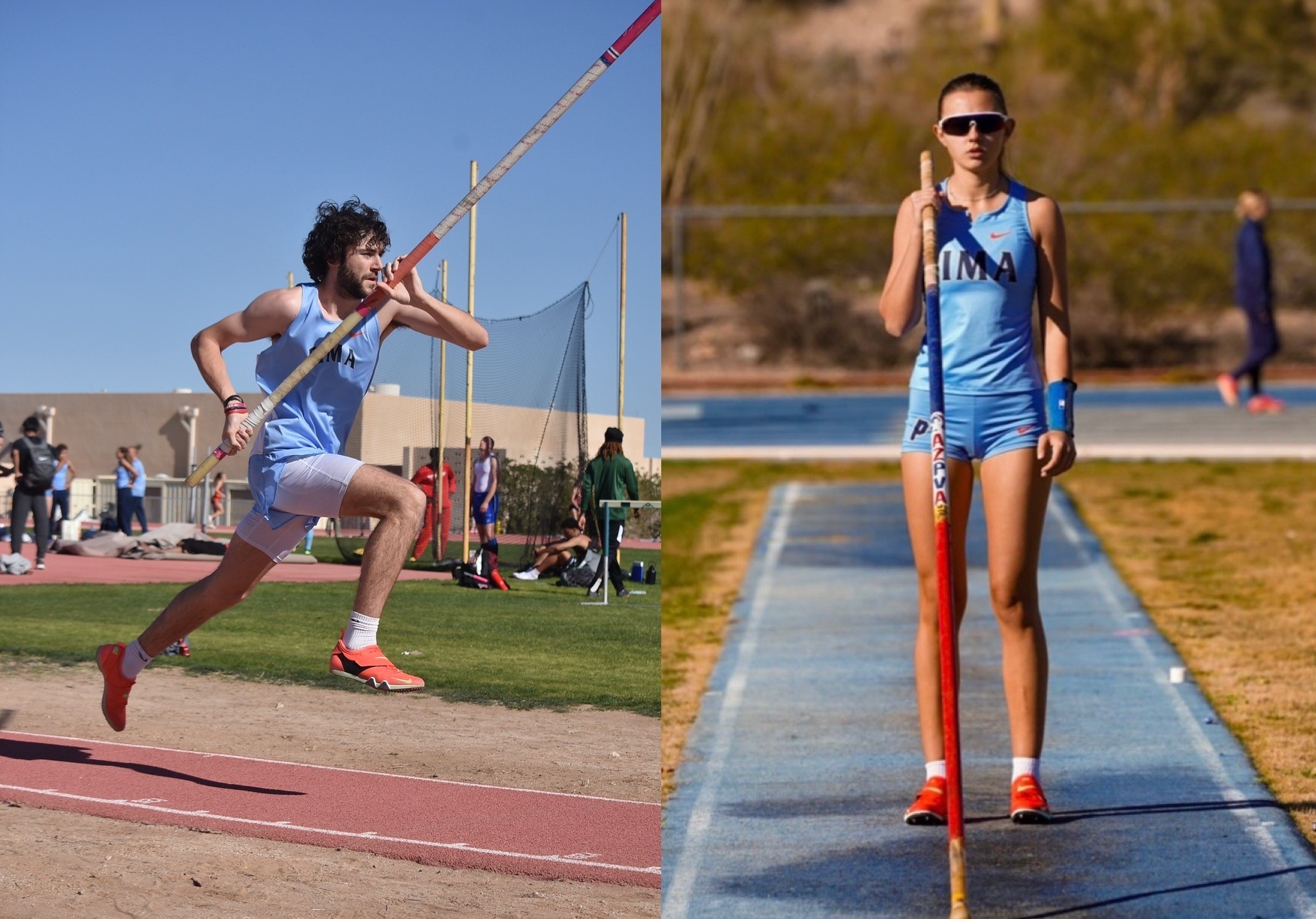 Sophomore Ketch Sulpizio (Gila Ridge HS) tied the Pima Indoor school record in the Pole Vault with a mark of 4.75 meters (15-feet, 7-inches) while freshman Tya Starkey (Casteel HS) entered the Top 5 list Pima Indoor School history and set her second improved mark in the Pole Vault with a mark of 3.25 meters (10-8). The Aztecs close the Indoor regular season on Monday and Tuesday at the West Campus Aztec Track. Photos by Ben Carbajal and Melinda Espinoza