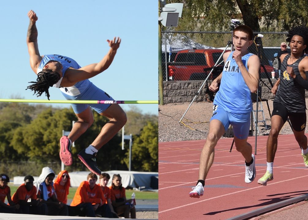 Sophomore Cedric Cade and freshman Danny Knapp (Rio Rico HS) each set two NJCAA national qualifiers at the Don Kirby Elite Invitational. Cade earn qualifiers in the High Jump (2.03 meters, 6-feet, 8-inches) and the Long Jump (7.15 meters, 23-5.5) and Knapp set his qualifiers in the 600-meter (1:22.52) and 800-meter (1:56.22) races. Photos by Raymond Suarez and Ben Carbajal