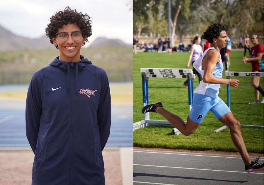 Freshman distance runner Noah Macias (Mica Mountain HS) was named ACCAC Co-Track Athlete of the Week after he took first place in the 800 meters with a time of 1:52.51. His time broke the Pima Indoor school record that was previously held by Dustin Zimmerman at 1:53.76 from 2004. Photos by Melinda Espinoza