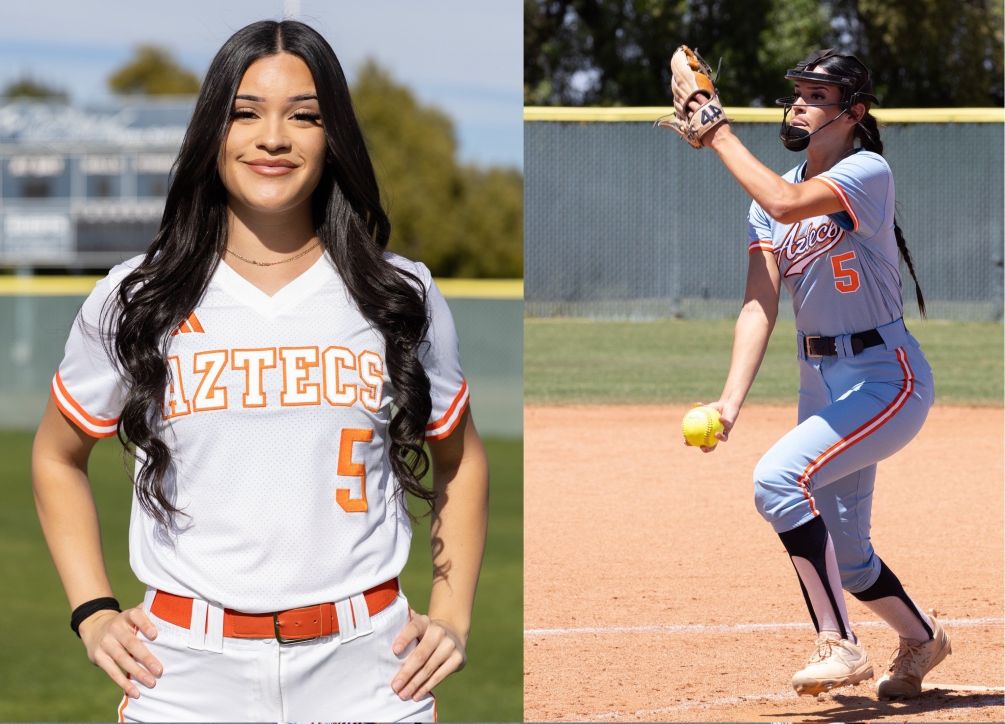 Sophomore pitcher Belen Camacho (Pueblo HS) became the 21st Pima Softball player to be selected NJCAA All-American as she was named to the Third Team in the Division II list. she went 17-4 this season with a 2.89 ERA and led the ACCAC conference with 166 strikeouts. This is the fourth straight year the Aztecs have produced an NJCAA All-American. Photos by Stephanie van Latum