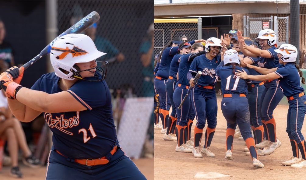 Sophomore Jiselle Nunez (Tucson Magnet HS) finished 4-for-7 with seven RBIs, two runs and two home runs while freshman Isabel Mendoza hit the go-ahead home run in the second game as the No. 7 ranked Aztecs Softball team swept chandler-Gilbert Community College 10-1 and 5-2. The Aztecs improved to 43-6 overall and 35-5 in ACCAC conference play. Photos by Stephanie van Latum