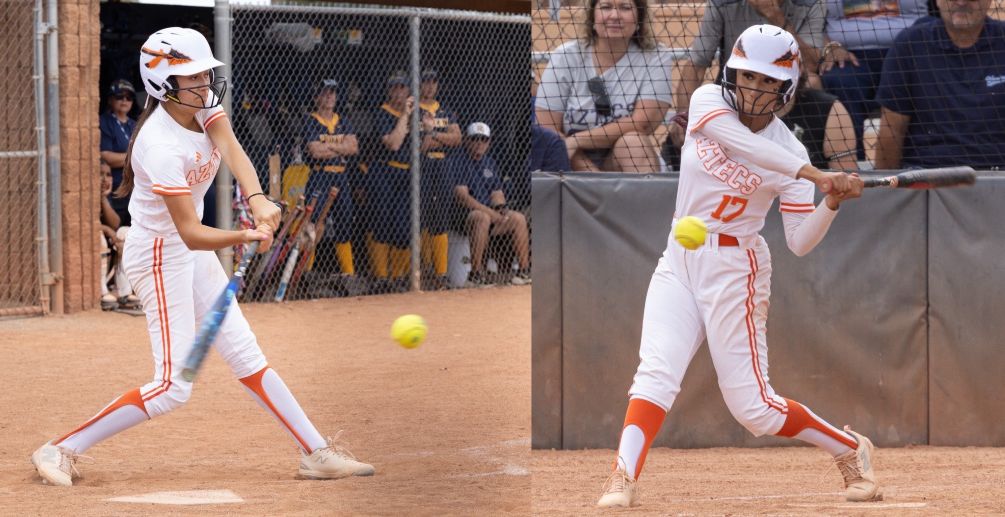 Sophomore Julissa Lopez (Tucson Magnet HS) went 5-for-8 with four RBIs and a run while freshman Isabel Mendoza finished 3-for-5 with four runs scored and two walks as the No. 10 ranked Aztecs Softball team won their 10th straight game after sweeping Mesa Community College 6-3 and 12-4. The Aztecs are 34-5 overall and 26-4 in ACCAC conference play. Photos by Stephanie van Latum
