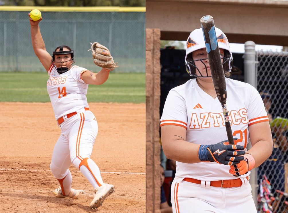 Freshman Adriana Machado (Canyon del Oro HS) pitched a complete-game shutout while sophomore Jiselle Nunez (Tucson Magnet HS) went 3-for-7 with four RBIs, three runs scored, a home run and a triple as the No. 10 ranked Aztecs scored two shutout wins at Glendale Community College for their 12th straight win. The Aztecs are 36-5 overall and 28-4 in ACCAC conference play. Photos by Stephanie van Latum