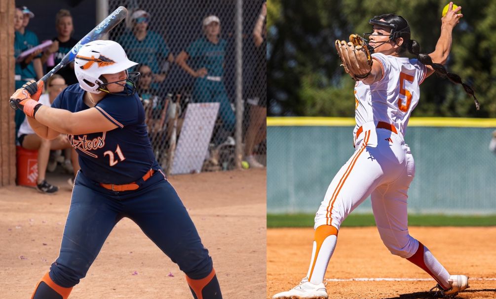 Sophomores Jiselle Nunez (Tucson Magnet HS) and Belen Camacho (Pueblo HS) swept the ACCAC Division II Player of the Pitcher of the Week awards for the week of Apr. 19-25. Nunez hit .692 with five homers and 18 RBIs while Camacho pitched 12.1 innings, giving up one earned run with 20 strikeouts. Photos by Stephanie van Latum and Gilbert Alcaraz.