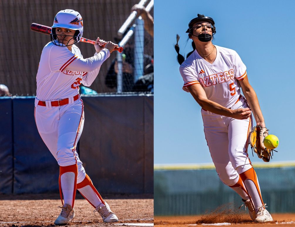 Freshman Izabel Rodriguez (Sahuarita HS) closed out the day going 6-for-8 with three RBIs and four runs scored while sophomore Belen Camacho (Pueblo HS) got the win in the first game after pitching five innings with 10 strikeouts in a relief appearance as the No. 7 ranked Aztecs Softball team swept Paradise Valley Community College. The Aztecs have won 14 straight and improved to 38-5 overall and 30-4 in ACCAC conference play. Photos by Gilbert Alcaraz