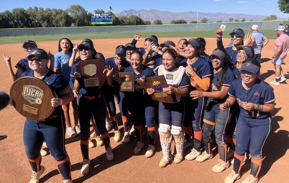 The Pima Community College Softball Team secured its third consecutive Region I Championship (Division I 2024, Division II 2025, 2026) after beating South Mountain Community College 1-0 in the final game of the tournament. The Aztecs advance to the NJCAA Division II National Tournament in Spartanburg, SC on May 19-24. Photo by Raymond Suarez
