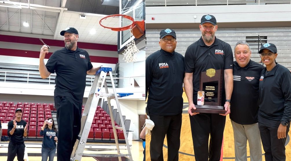 Aztecs Women's Basketball coach Todd Holthaus was named the NJCAA Division II Coach of the Year after he led the Aztecs to the program's first NJCAA Division II National Championship. They finished the season at 30-4. Holthaus is 429-180 in 19 seasons as head coach. Photo with assistant coaches Leon Stallworth, Jim Rosborough (via phone), Peter Fajardo and Felicia Greenhouse. Photos by Raymond Suarez