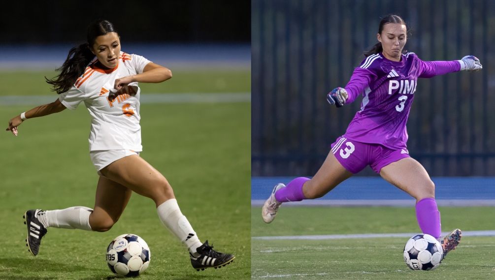 Sophomore Kristal Navarro (Tucson Magnet HS) scored an insurance goal in the 66th minute while fellow sophomore Phoebe Knisley (Canyon del Oro HS) had six saves as the No. 13 ranked Aztecs Women's Soccer team completed an undefeated ACCAC conference record with a 2-0 win at Mesa Community College. The Aztecs went 11-0-3 and it was their first undefeated record in conference since 2007. They are 11-1-5 overall and await their seeding for the Region I, Division I Tournament. The semifinal round is Thursday. Photos by Stephanie van Latum
