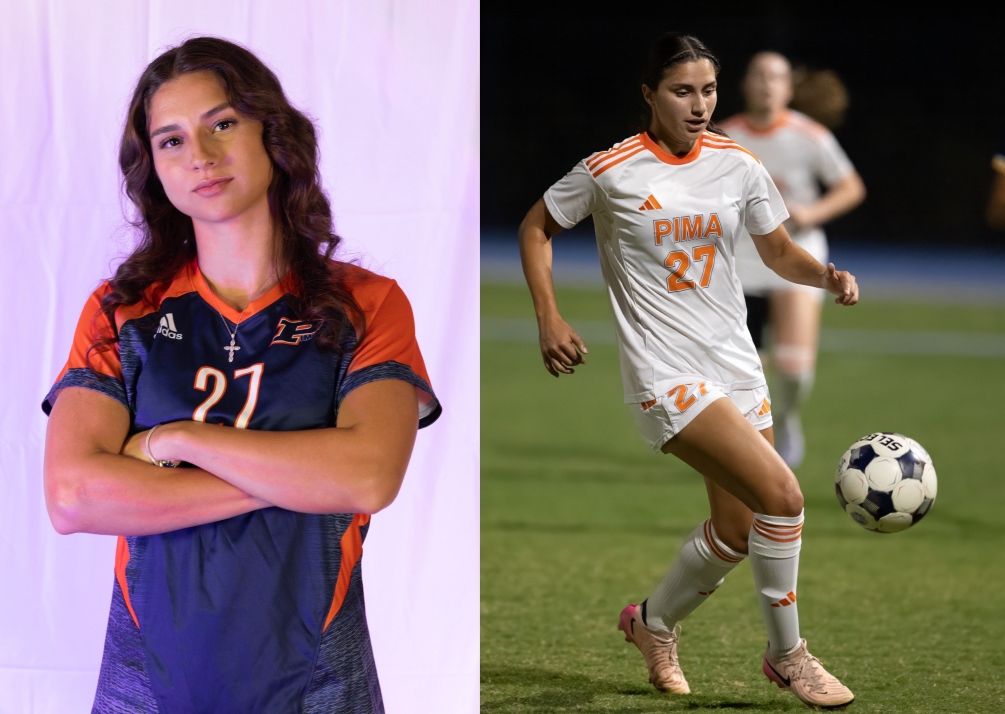Freshman forward Ava Dagnino (Salpointe Catholic HS) was selected the NJCAA and ACCAC Division II Player of the Week after she helped the Aztecs to a 2-0-1 record for the week of Oct. 5-11. She scored four goals and had one assist. She has nine goals and five assists in 13 games played this season. Photos by Stephanie van Latum