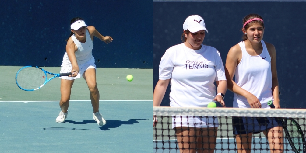 Freshmen Jazmin Nunez (Cholla HS), Valeria Miranda (Sunnyside HS) and sophomore Ashley Fitzsimmons (Walden Grove HS) advanced to the second round of the NJCAA Division I Tournament. Nunez beat Juliet Quintero from NMMI 2-6, 6-3, 6-4 at No. 5 singles. Fitzsimmons and Miranda won their No. 2 doubles match 6-3, 6-1. Photos by Raymond Suarez and Stephanie Van Latum.