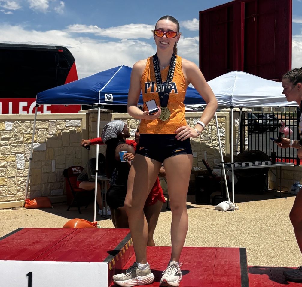 Sophomore Hannah Droeg became a three-time NJCAA All-American as she took third place in the Heptathlon with a total of 4591 points. The Aztecs sit in 16th place with a total of seven points heading into the final day of competition at the NJCAA Division I National Championships on Saturday in Hobbs, NM. Photo courtesy of Chad Harrison
