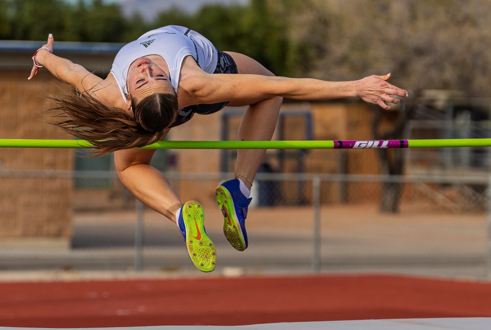 Sophomore Hannah Droeg (Casteel HS) broke the Pima Indoor school record in the Pentathlon with a total of 3366 points toppling Jackie Trice's record of 3328 set in 20023. She is ranked No. 2 in the nation as the Aztecs Women's Track & Field team closed out the Indoor regular season on Tuesday at the West Campus Aztec Track. They will compete at the NJCAA Indoor National Championships on Mar. 6-7 in Topeka, KS. Photo by Gilbert Alcaraz