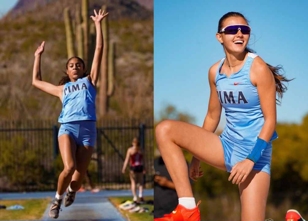 Freshman Trisha Stine (Red Mountain HS) claimed the Region I championship in the Long Jump with a PR of 5.63 meters (18-feet, 5.75-inches) while freshman Tyra Starkey (Casteel HS) took second in the Pole Vault with a PR of 3.46 meters (11-4.25) as the Aztecs Women's Track & Field team lead in the team standings with a score of 99 points. Mesa Community College is second with 81. The Region I Championships conclude on Thursday at Mesa Community College. Events begin at 5:00 p.m. Photos by Melinda Espinoza.