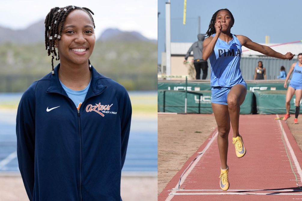 Sophomore Kymia Bridgett earned her third selection as ACCAC Women's Field Athlete of the Week after she took first place in the Triple Jump (12.20 meters, 40-0.50) at the GCC Outdoor Invitational. Photos by Melinda Espinoza and Ben Carbajal
