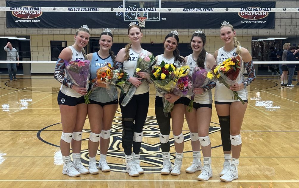 The Aztecs Volleyball team earned a straight set win over Phoenix College (25-16, 25-22, 25-23) in their final regular season home match at the Werst Campus Aztec Gymnasium. The Aztecs evened their ACCAC conference record at 5-5 and are 9-12 overall. After the match, the six volleyball sophomores were recognized. (Left to right): Julia Baird, Julia Ford, Ava Harrelson-Cybulski, Maggie McReynolds, Julia Weatherbie and Kendall Snyder. Photo by Raymond Suarez