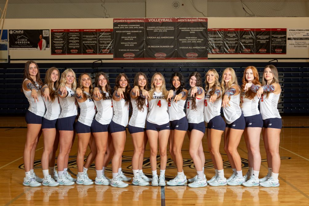 The No. 4 seeded Aztecs Volleyball team fell to No. 1 Mesa Community College in straight sets (25-21, 25-23, 25-17) on Wednesday in the Region I, Division II Semifinals. The Aztecs close the season at 10-14 overall. Photo by Brian Halbach