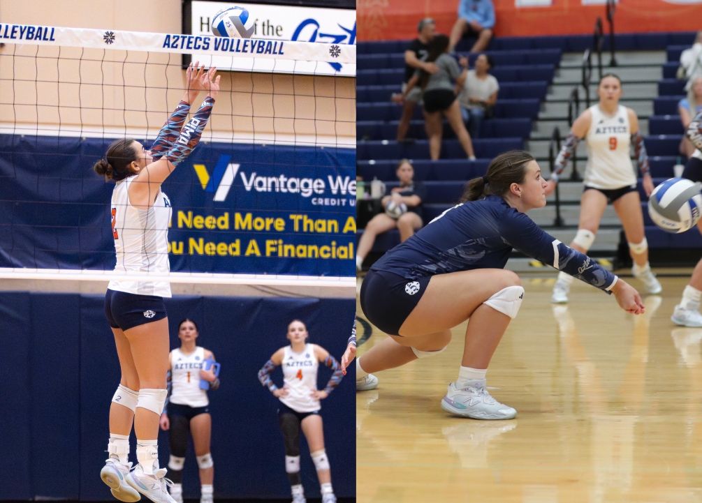Freshman Breeze Schelter had 28 assists, four kills and four aces while freshman Julia Ford (Catalina Foothills HS) posted 15 digs as the Aztecs Volleyball team beat Park University VR in five sets (25-21, 23-25, 25-13, 23-25, 15-11). The Aztecs are 7-10 overall and will play a non-conference match at Central Arizona College on Wednesday at 7:00 p.m. Photos by Liam Clark and Steve Escobar