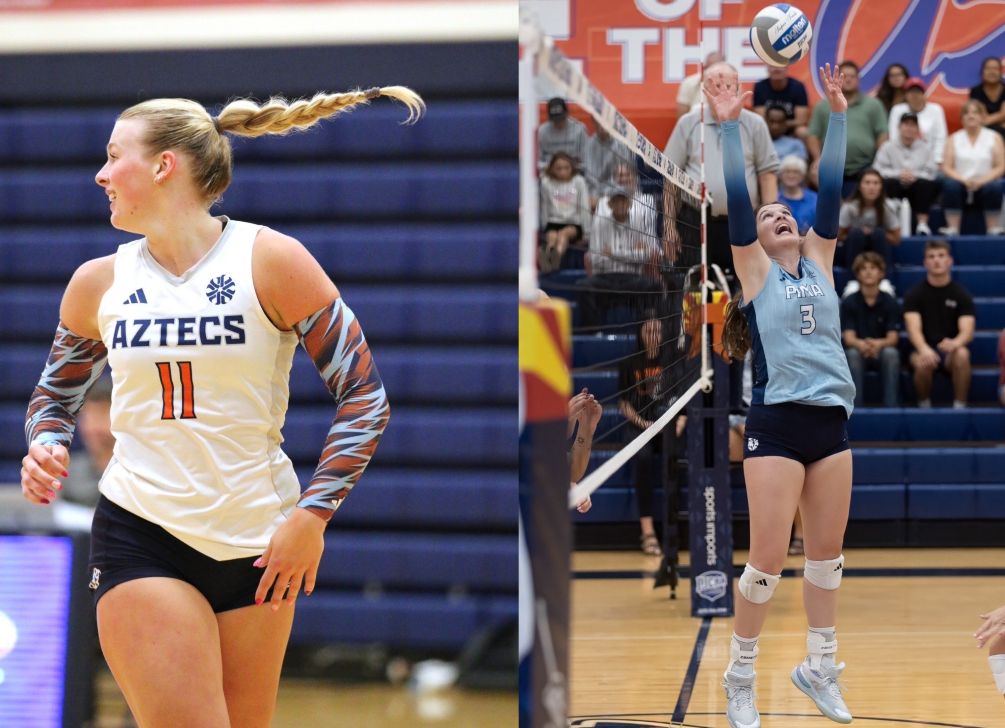 Sophomore Julia Baird finished with 10 kills and three aces while fellow sophomore Julia Weatherbie (Mountain View HS) closed out the match with 22 assists and five aces as the Aztecs volleyball team scored a n upset at No. 16 Scottsdale Community College (25-21, 25-16, 25-18). The Aztecs are now 8-12 overall and 4-5 in ACCAC conference play. They will play their final regular season home match against Phoenix College on Friday at 7:00 p.m. Photos by Cody Chavez and Stephanie van Latum