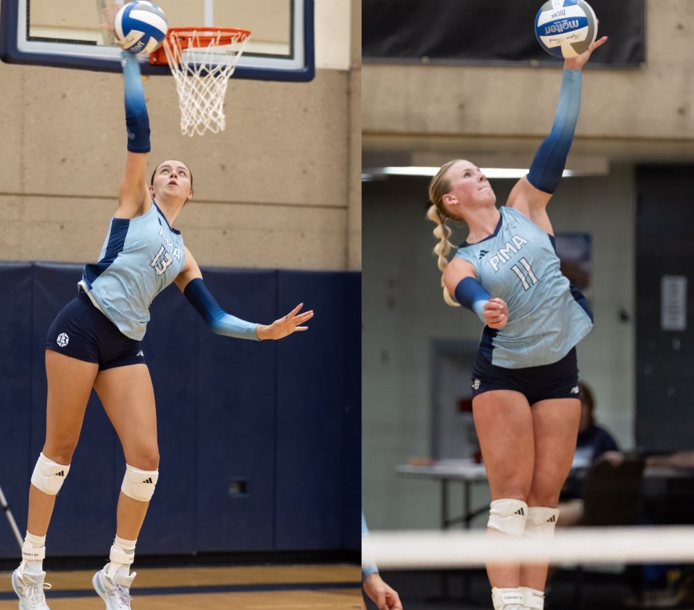 Freshman Addison Gilvin (Sahuarita HS) finished with seven kills and one block while sophomore Julia Baird contributed with five kills and four aces as the Aztecs Volleyball team beat south Mountain Community College in straight sets (25-22, 25-16, 25-6). The Aztecs are now 6-10 overall and 3-4 in ACCAC conference play. They play at Park University VR on Saturday in Gilbert. Photos by Stephanie van Latum