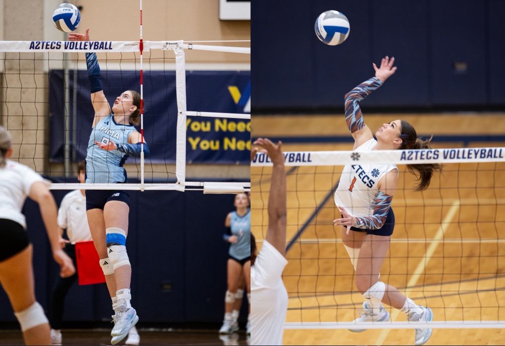 Freshman Alexia Hutchens (Salpointe Catholic HS) and sophomore Maggie McReynolds (Mountain View HS) combined for 21 kills as Volleyball won in straight sets at Phoenix College (25-22, 25-15, 25-20). The Aztecs improved to 5-8 overall and 2-2 in ACCAC conference play. Photos by Ethan Tees and Stephanie van Latum