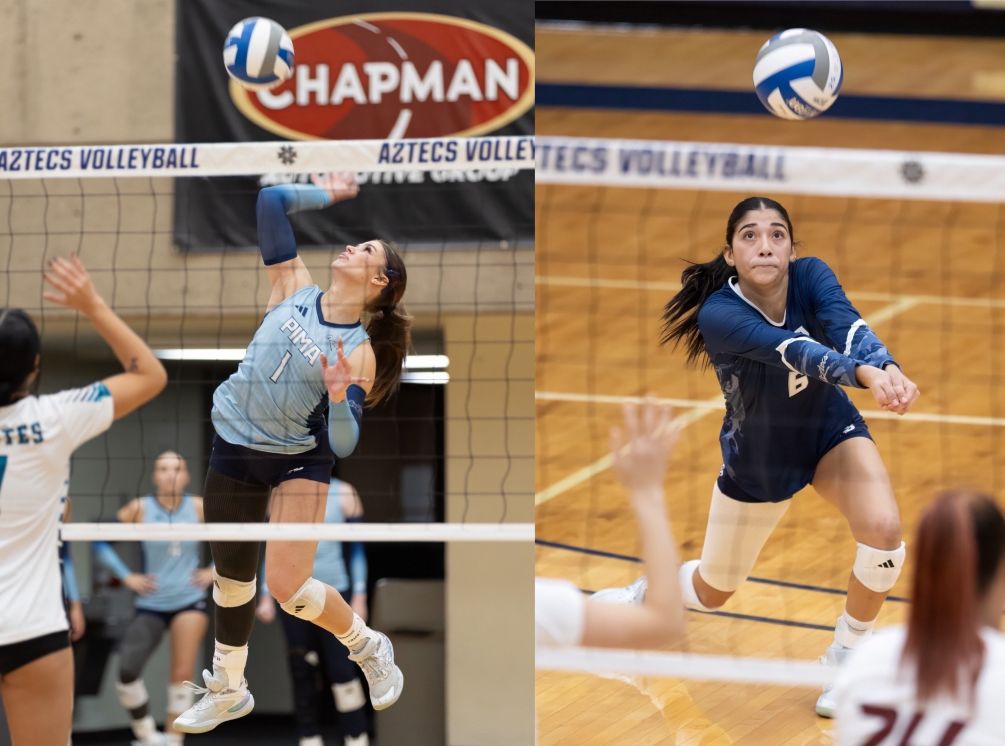 Sophomore Maggie McReynolds (Mountain View HS) posted 16 kills, 11 digs and four aces while freshman Rickki Hernandez had 15 digs but the Aztecs Volleyball team fell short in five sets against No. 9 ranked Mesa Community College (15-25, 25-18, 15-25, 25-18, 15-9). The Aztecs are 7-12 overall and 3-5 in ACCAC conference play. Photos by Stephanie van Latum