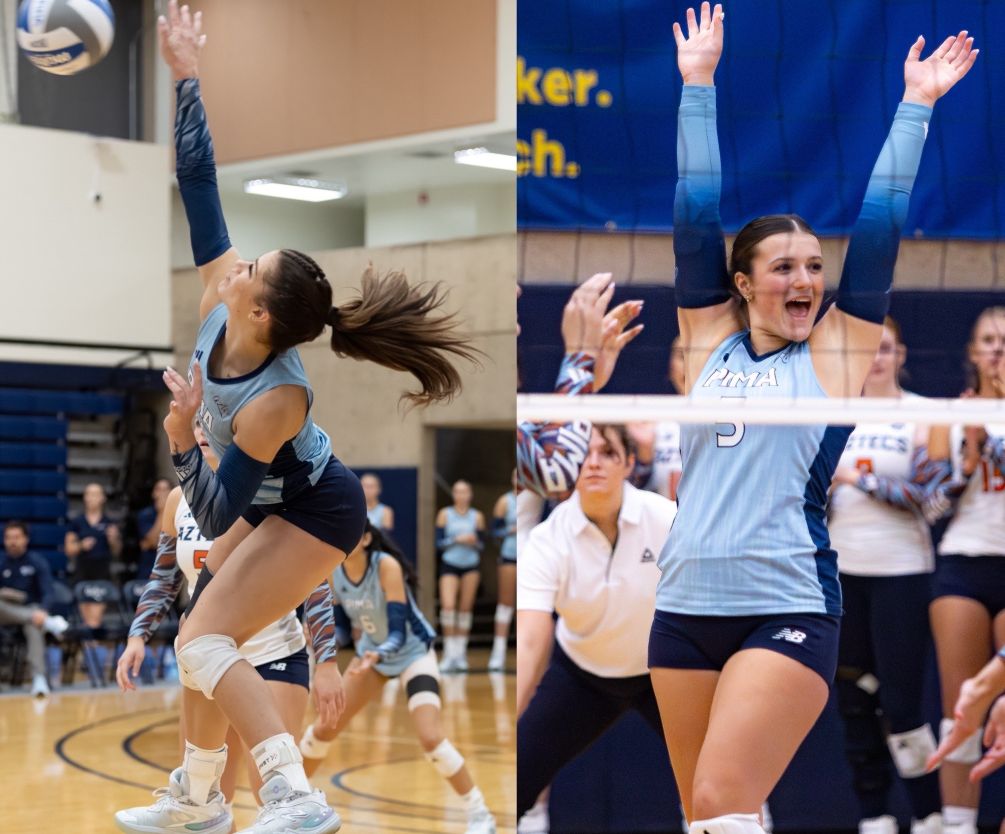 Sophomore Maggie McReynolds (Mountain View HS) had a team-high 12 kills to go with eight digs and three aces while fellow sophomore Julia Ford (Catalina Foothills HS) posted 16 digs and two aces as Aztecs Volleyball secured their spot in the Region I, Division II Playoffs after beating Chandler-Gilbert Community College in four sets (25-23, 25-23, 21-25, 25-22). The Aztecs are 10-12 overall and 6-5 in ACCAC conference play. They close the regular season on Friday at Glendale Community College. Photos by Stephanie van Latum and Liam Clark