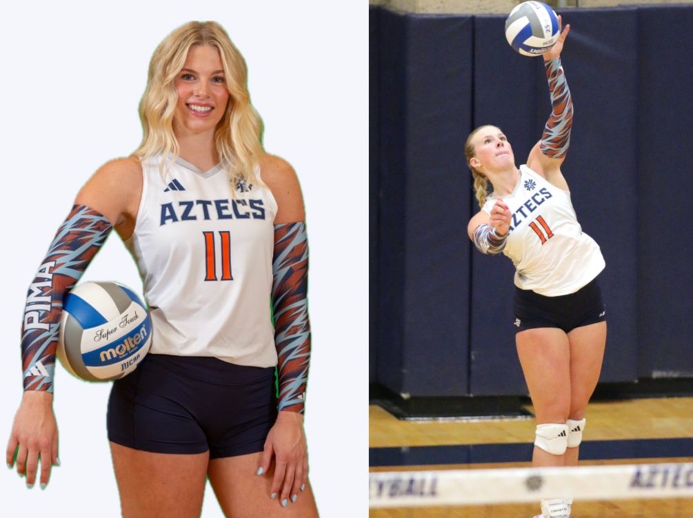 Sophomore opposite hitter Julia Baird was named ACCAC Division II Offensive Player of the Week after she had 23 kills, 14 digs, four blocks and six aces during the week of Oct. 19-25 where the Aztecs went 2-0, which included upsetting No. 8 Scottsdale Community College. Photos by Brian Halbach and Cody Chavez